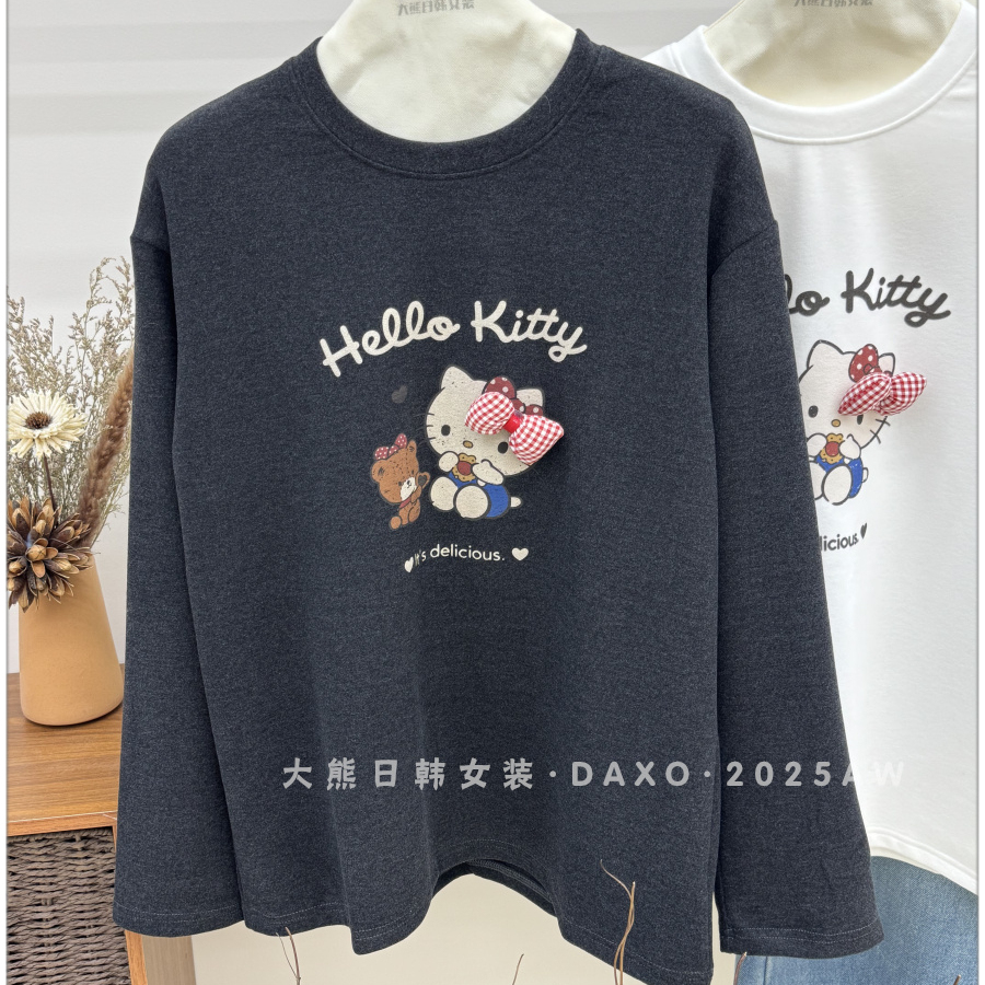 韩国磨毛加厚KT蝴蝶结圆领打底女