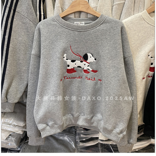 韩国东大门2025秋冬加绒新款卫衣卡通贴布小狗刺绣宽松圆领百搭女