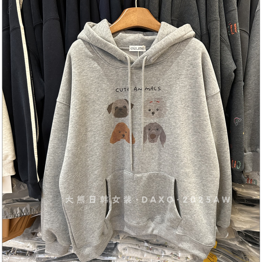 秋冬加绒卡通印花连帽宽松卫衣女