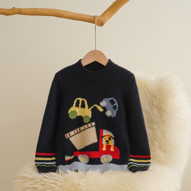洪叶云台儿童100%山羊绒衫宝宝卡通汽车毛衣男童双股加厚冬季打底