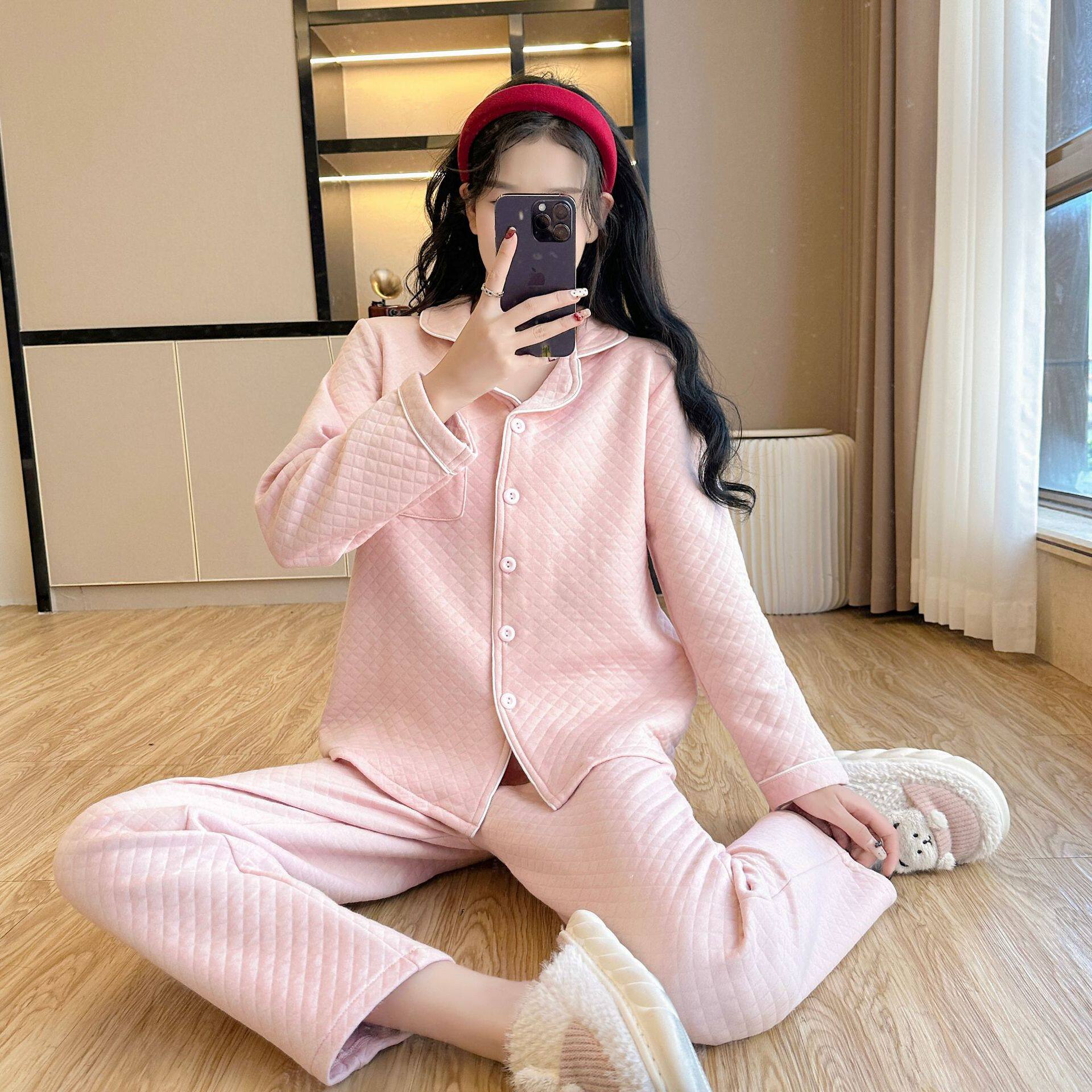 睡衣女秋冬加厚纯棉空气棉夹棉保暖情侣纯色家居服套装长袖家居服