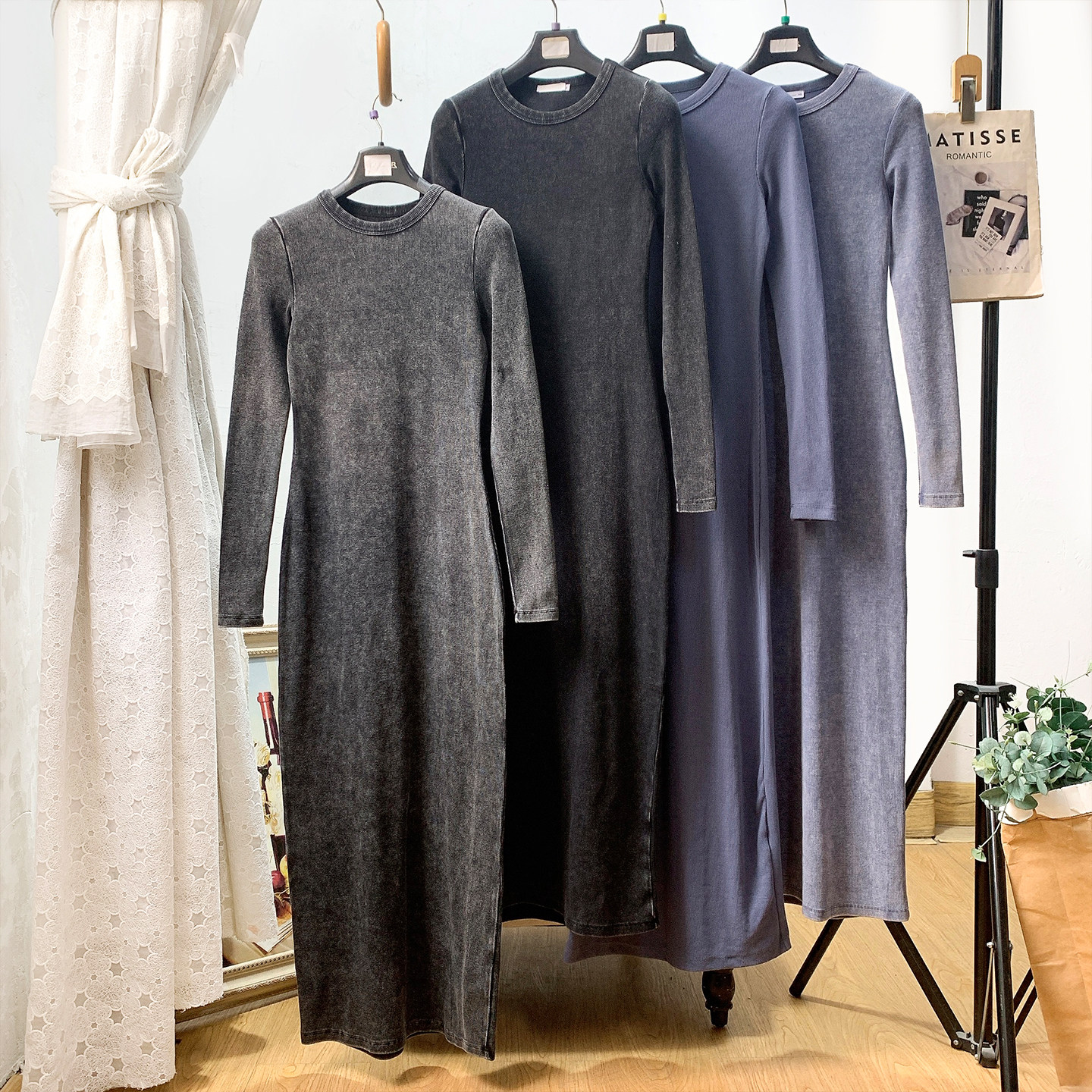 外贸单！怀旧港风简约休闲通勤棉弹修身长袖包臀裙连衣裙长裙春秋