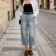 日本单 女春夏 八九分裤 复古风水洗牛仔阔腿裤 高腰休闲裤