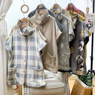 日本单~大码女装~毛茸茸舒服柔软珊瑚绒休闲家居服短袖睡衣女秋冬