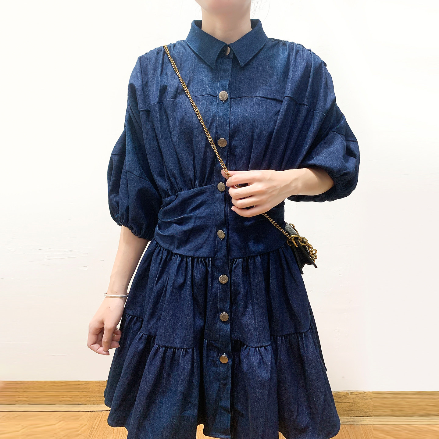 外贸单~复古时髦褶皱设计感休闲气质减龄灯笼袖连衣裙A字裙春秋