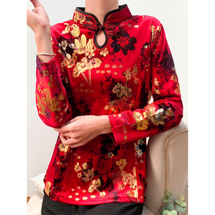 撤柜~雍容华贵红色旗袍上衣~中国风烫金印花丝绒衫唐装女春秋