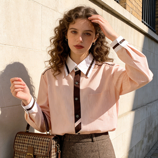 公司单~复古帅气英伦学院风长袖衬衫/中性男友风条纹衬衣女春夏