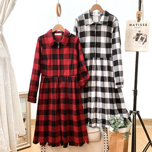 怀旧文艺复古长袖 外贸单 格子连衣裙A字裙中长裙春秋 人 无假期