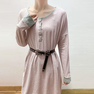 简约条纹休闲宽松落肩袖 女装 连衣裙居家睡裙女春秋 大码 外贸单