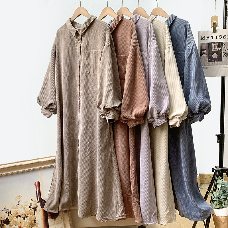 外贸单~大码女装~文艺复古淑女灯笼袖休闲灯芯绒连衣裙长裙春秋款