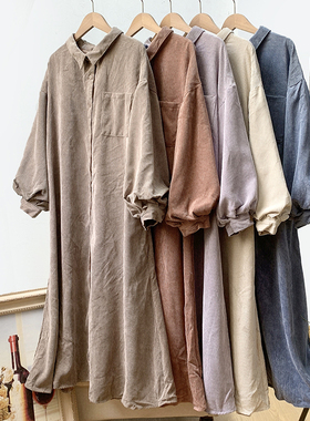 外贸单~大码女装~文艺复古淑女灯笼袖休闲灯芯绒连衣裙长裙春秋款