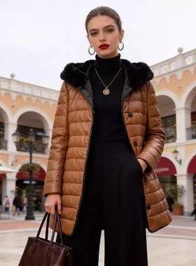 奢贵高货~吊价11800~绵羊皮！80%鸭绒-真獭兔毛/真皮羽绒服女秋冬