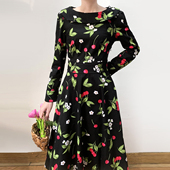 外贸单 度假田园风气质淑女荷叶领印花休闲连衣裙A裙中长裙春秋冬