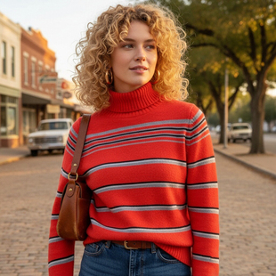 老货撤柜~vintage中古款~35%羊毛衫年代复古高领条纹针织衫女秋冬