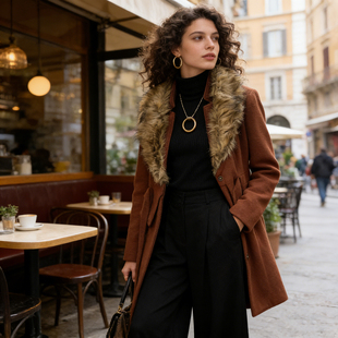 系带羊毛呢大衣外套女秋冬 优雅毛领 撤柜 复古时髦意大利大牌感