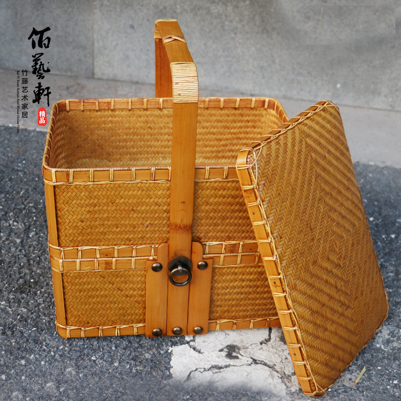 佰艺轩手工竹编复古双层手提篮茶箱送餐盒礼盒收纳野餐篮旅行便携