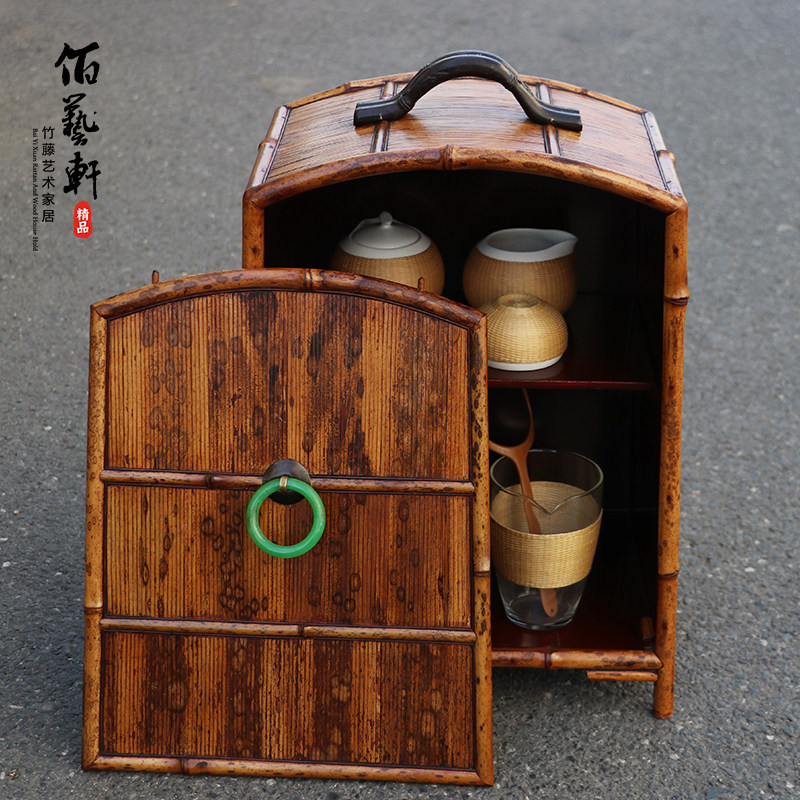 佰艺轩纯手工编织梅鹿竹制茶箱茶道收纳箱茶棚复古手提茶柜竹箱