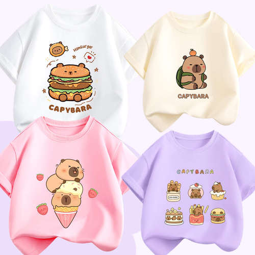 时尚中大童纯棉卡通T恤男女夏装Capybara卡皮巴拉面包宝宝短袖衫