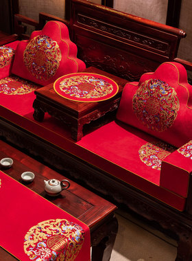 新中式红色绒布红木沙发坐垫实木沙发垫海绵垫套罩罗汉床专用垫子