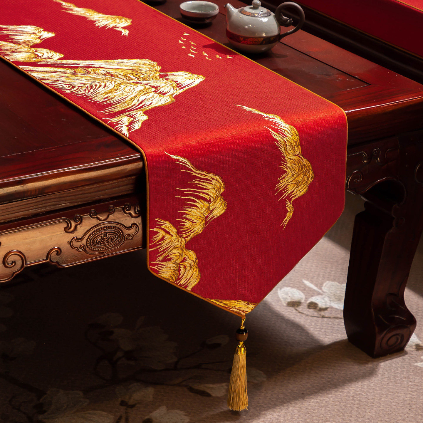 红色新年中式禅意桌旗茶桌垫布茶台茶旗茶席垫子长条茶几餐桌桌布,居家布艺,桌旗,淘宝优惠券,粉丝福利购,淘宝优惠卷