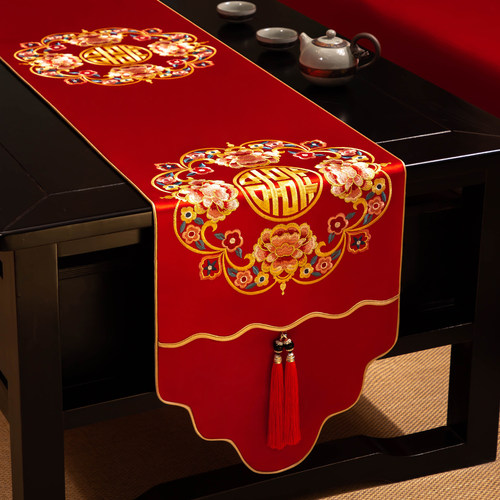 茶几结婚桌布红色中式喜字桌旗