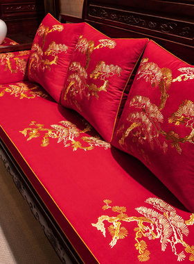 红色中式毛绒红木沙发坐垫冬季实木沙发海绵垫罗汉床专用垫套罩