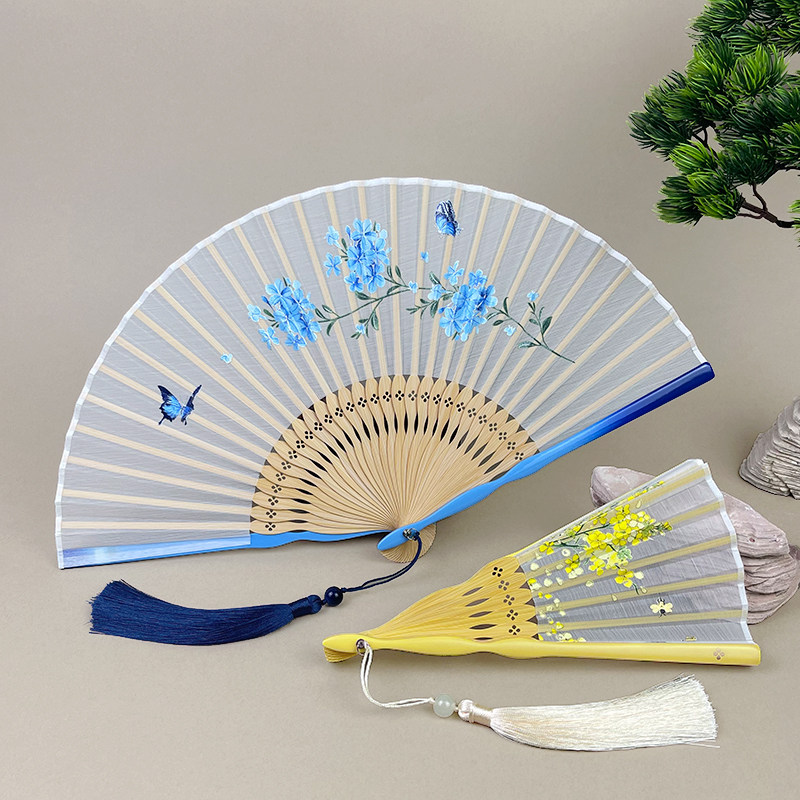 高颜值新中式蓝雪花油菜花小折扇图片