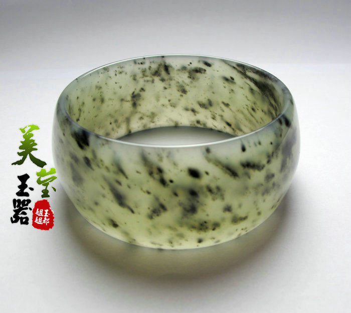 美莹玉器天然岫玉石首饰飘花玉手镯水墨玉镯子宽条女款证书XZA28