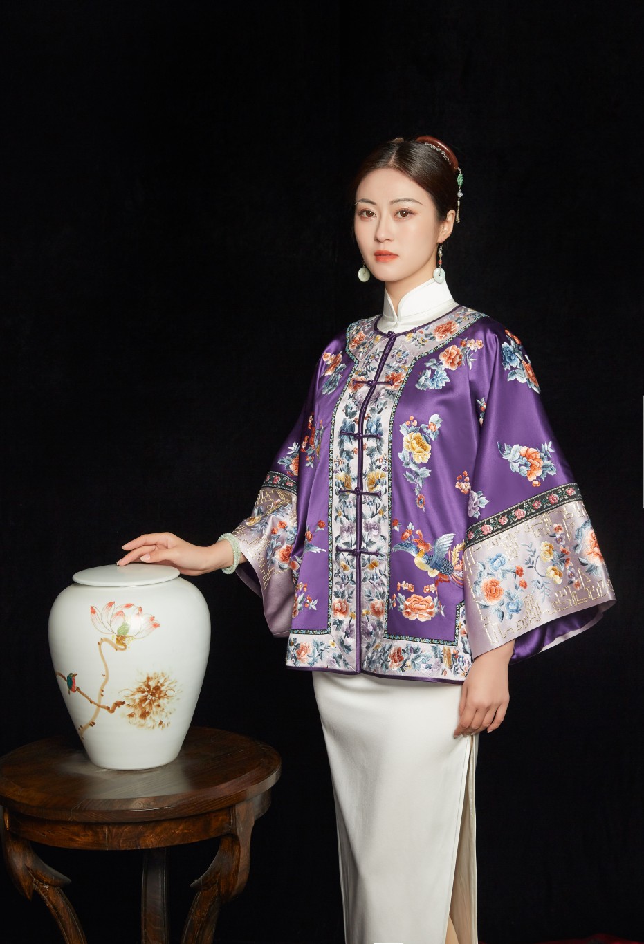 嬌古蘇繡重工純手工刺繡鳳凰于飛重磅真絲面料復(fù)古復(fù)刻版對(duì)襟氅衣