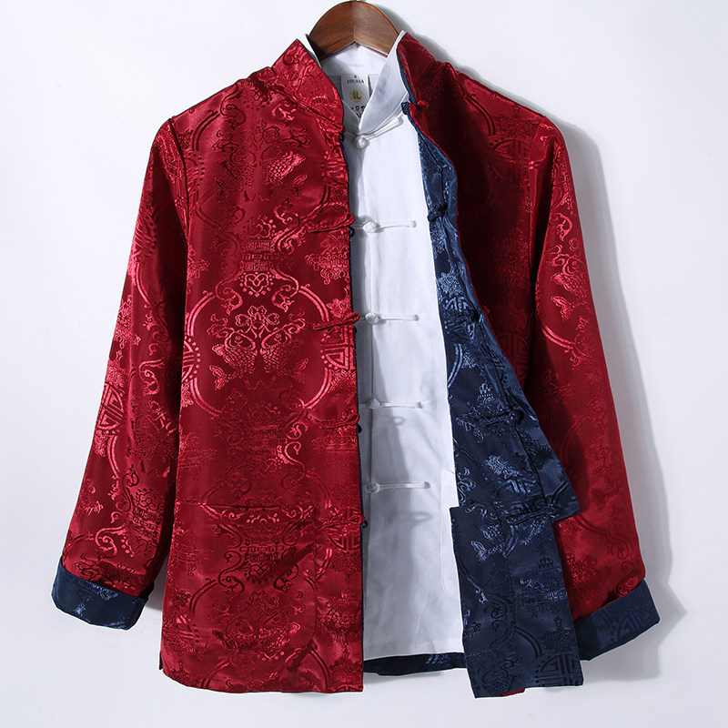 TANG SUIT MENS LONG-SLEEVED SPRING AND AUTUMN JACKET RETRO CHINESE JACKET SILK DOUBLE-SIDED BLOUSE CHINESE STYLE MENS HANFU