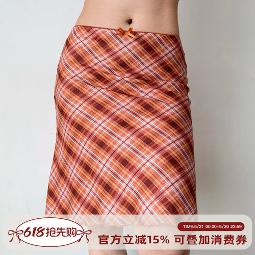 Go Girl Go 自制美式复古格纹a字半身裙女夏垂坠感修身包臀鱼尾裙