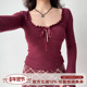 打底衫 甜辣上衣 T恤女秋季 修身 Girl 自制芭蕾风系带U领长袖