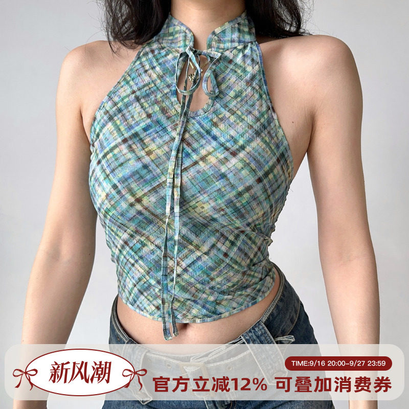 Go Girl Go自制新中式复古格子小立领挂脖背心女夏性感露背短上衣图片