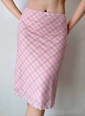 Go Girl Go 自制欧美风粉色格子裙松紧腰网纱半身裙女夏季