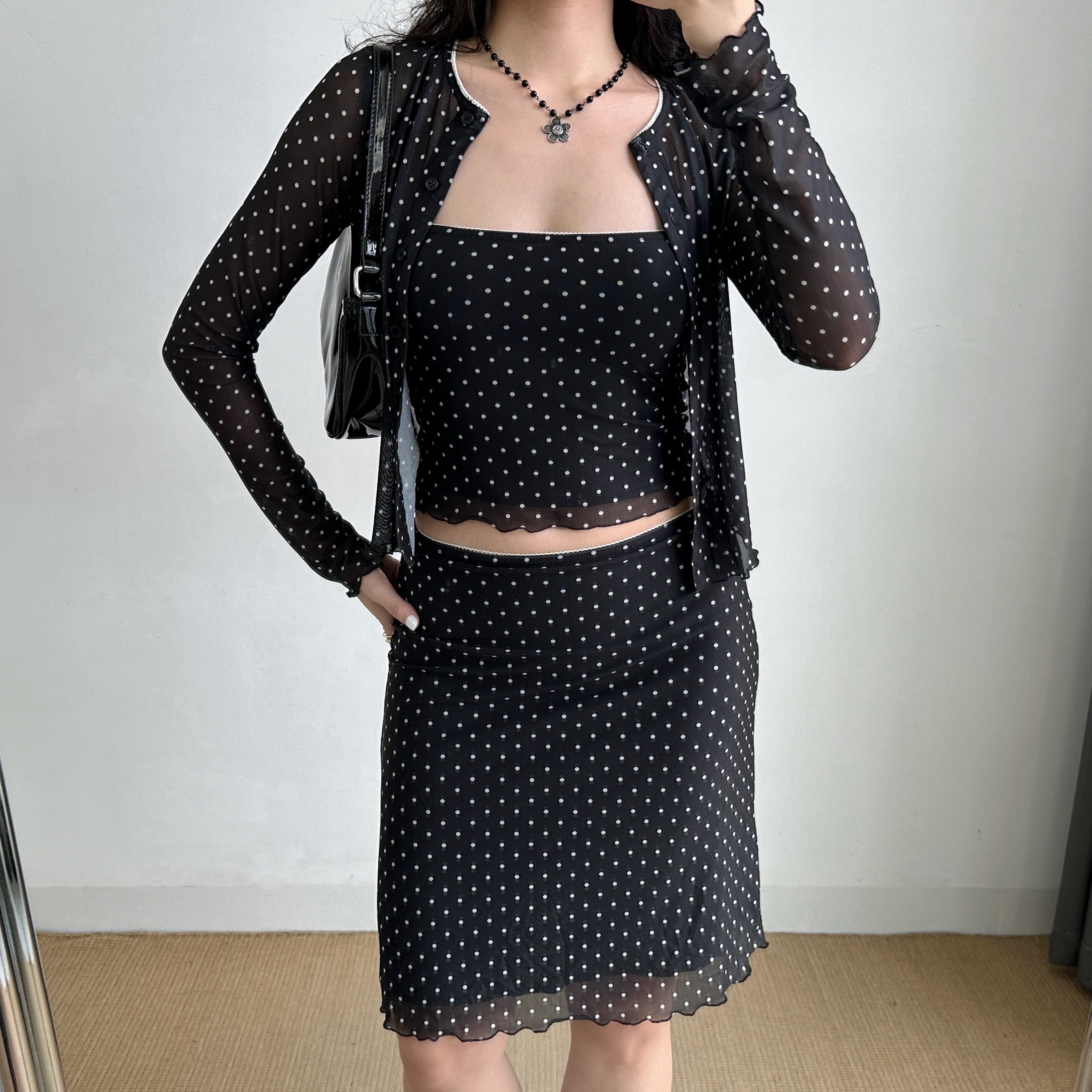 Go Girl Go 自制欧美风黑色波点吊带开衫网纱高腰半身裙套装女
