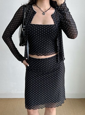 Go Girl Go 自制欧美风黑色波点吊带开衫网纱高腰半身裙套装女