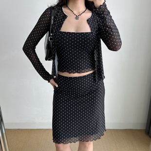 网纱高腰半身裙套装 自制欧美风黑色波点吊带开衫 女 Girl