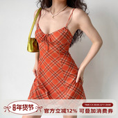 Go自制欧美风复古橘色格子吊带裙女夏性感连衣裙修身 Girl 短裙