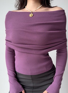 Go Girl Go 欧美风性感一字领针织衫女修身显瘦紫色毛衣