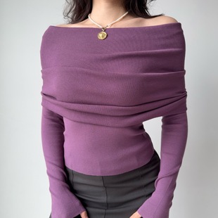 女修身 欧美风性感一字领针织衫 显瘦紫色毛衣 Girl