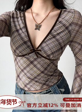 Go Girl Go 自制欧美风复古深V领长袖格纹T恤女修身内搭短款上衣