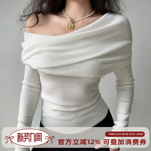 女修身 欧美风性感一字肩褶皱针织衫 显瘦毛衣露肩上衣 Girl