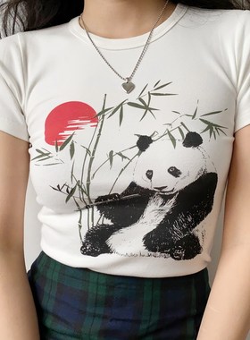 Go Girl Go 自制国画风熊猫竹子日落印花圆领修身白色短袖T恤女