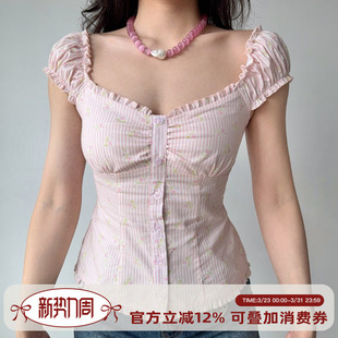 甜美粉色条纹泡泡袖 自制法式 小上衣女夏修身 短袖 衬衫 Girl