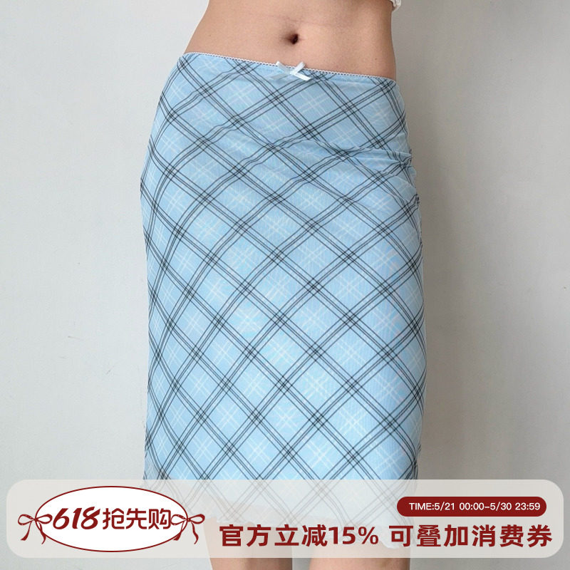 Go Girl Go 自制欧美风蓝色格子网纱半身裙女夏季松紧腰包臀裙子