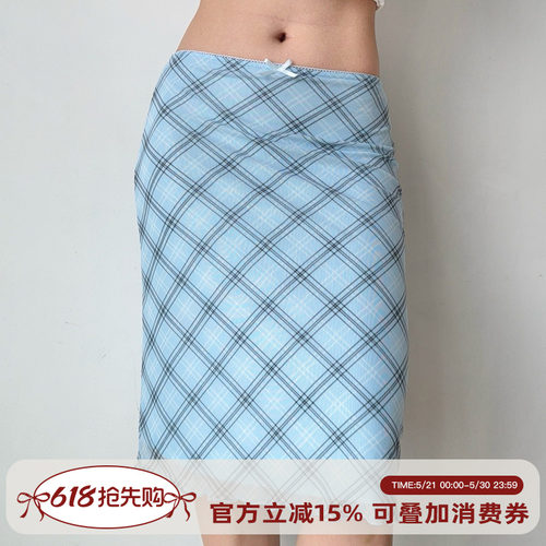 Go Girl Go 自制欧美风蓝色格子网纱半身裙女夏季松紧腰包臀裙子
