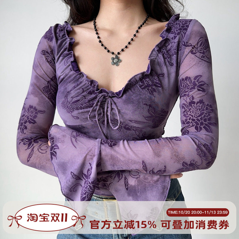 Go Girl Go 自制欧美风木耳边系带植绒T恤女喇叭袖修身紫色上衣