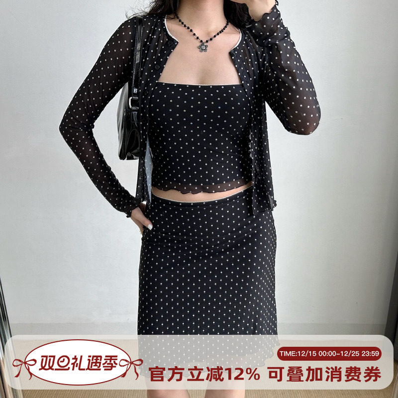 Go Girl Go 自制欧美风黑色波点吊带开衫网纱高腰半身裙套装女