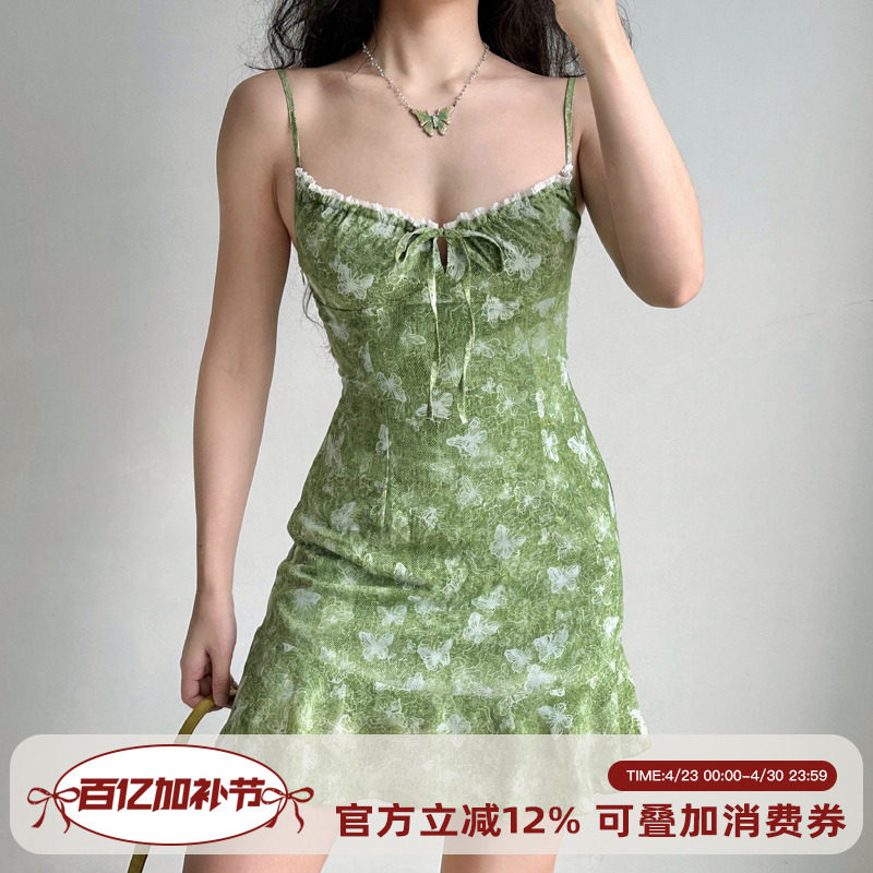 Go Girl Go 自制欧美风蝴蝶印花露背吊带裙女荷叶边连衣裙A字短裙