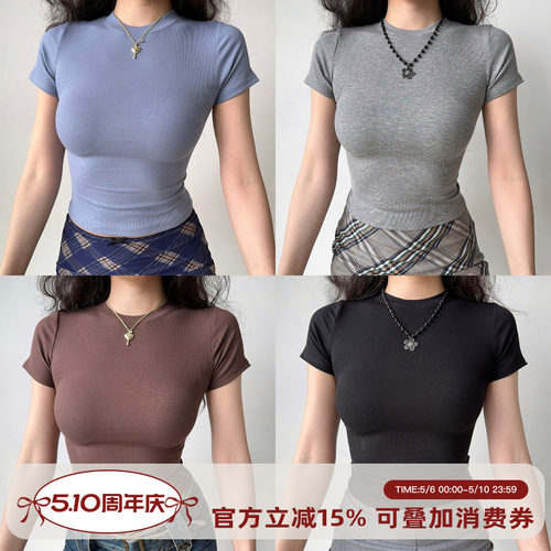 Go Girl Go 欧美风纯色小圆领修身正肩短款T恤女螺纹短袖上衣